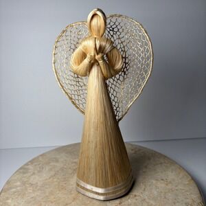 Vintage Natural Straw Corn Husk Praying Angel Figurine Folk  Decor 8.5"